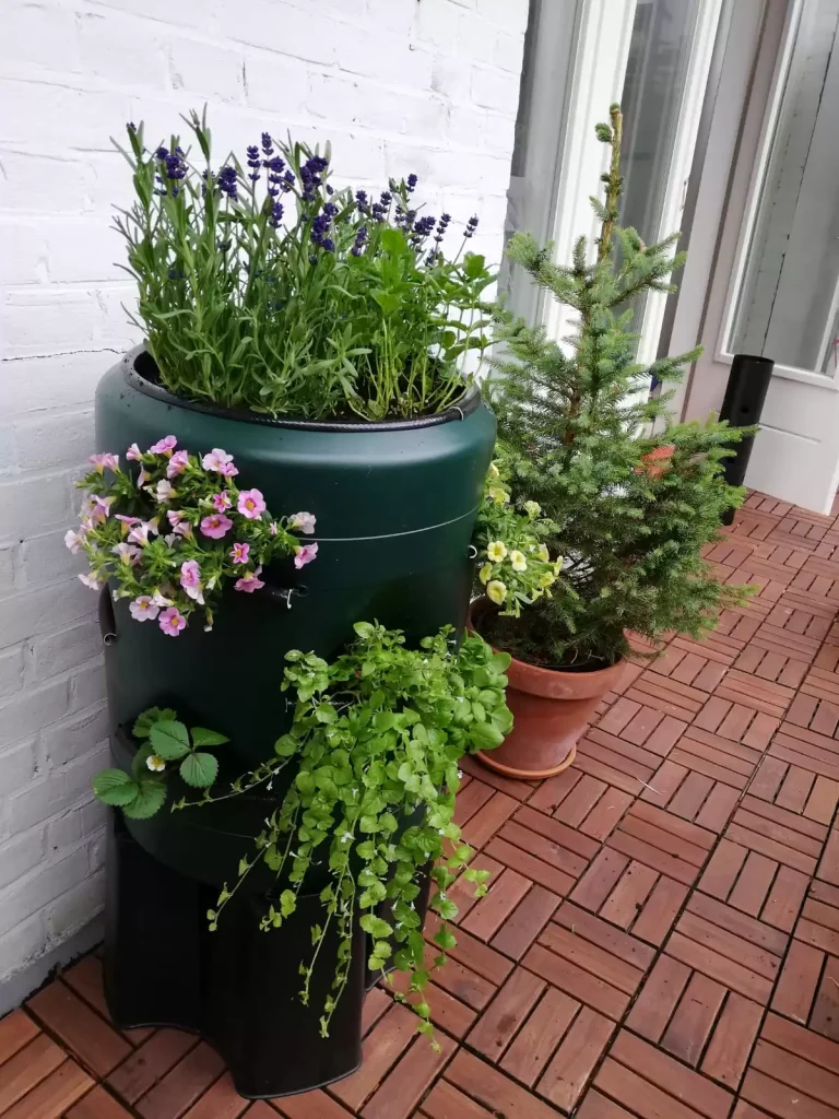 Wormenbak met planten op regentonvoet
